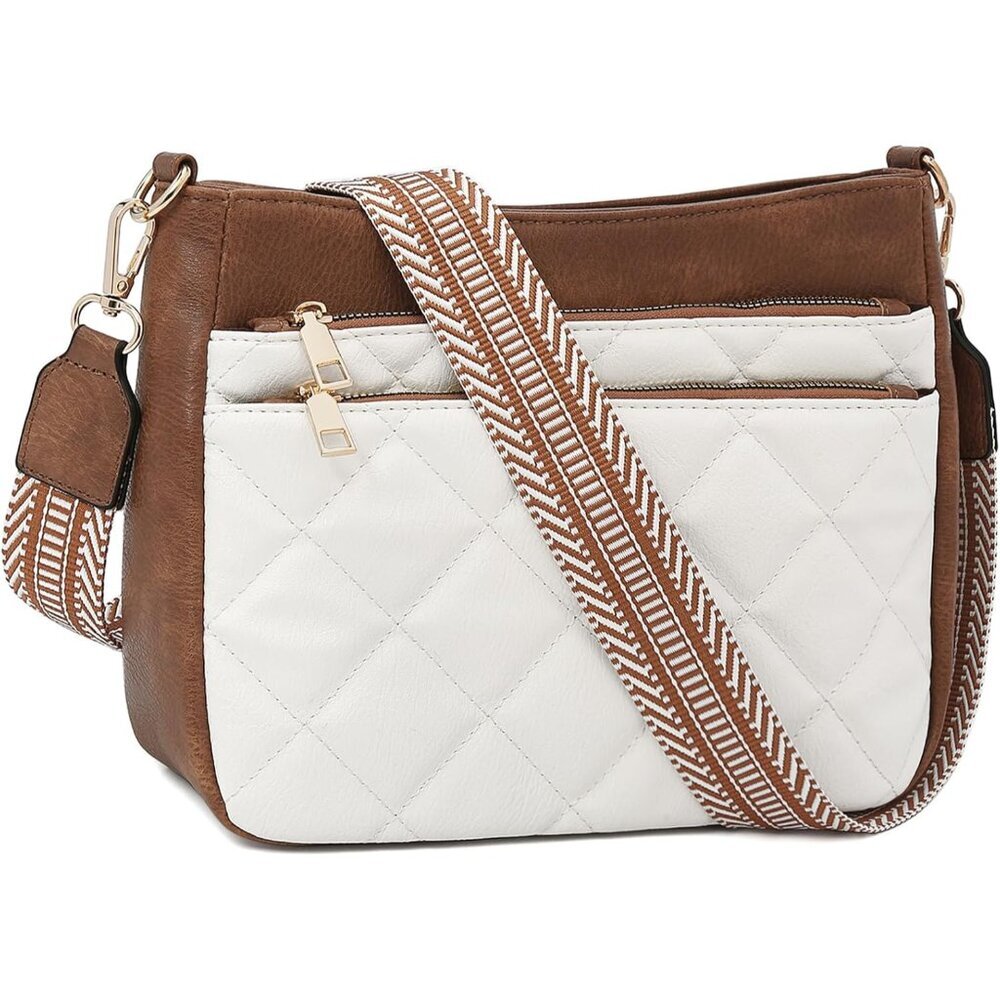 Quilted Vegan Leather Crossbody Bag Women Small Shoulder Purse With Wide Strap